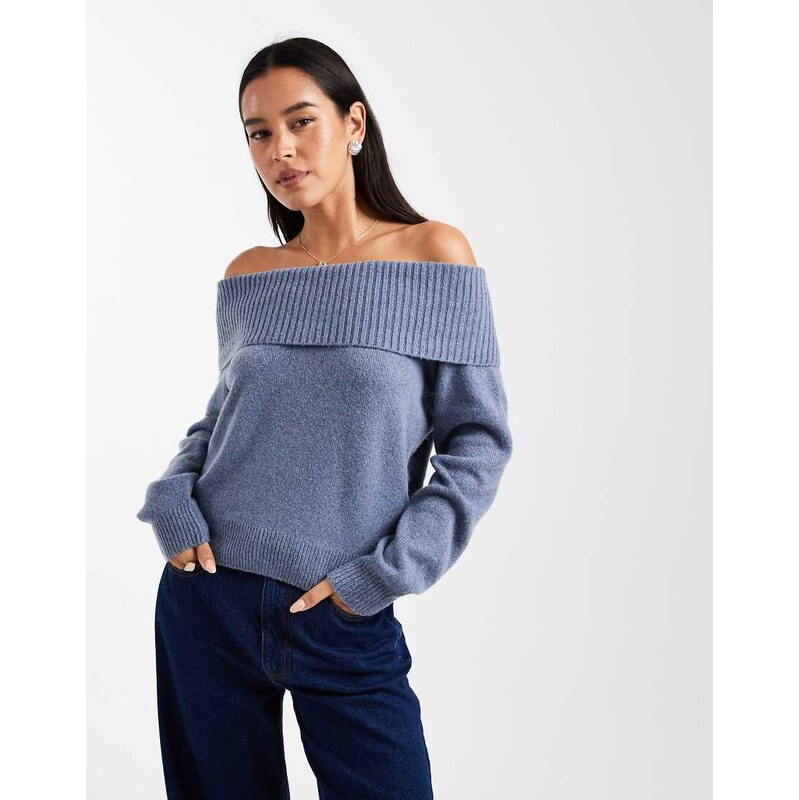 Hollister knitted off the shoulder jumper in blue 109823454