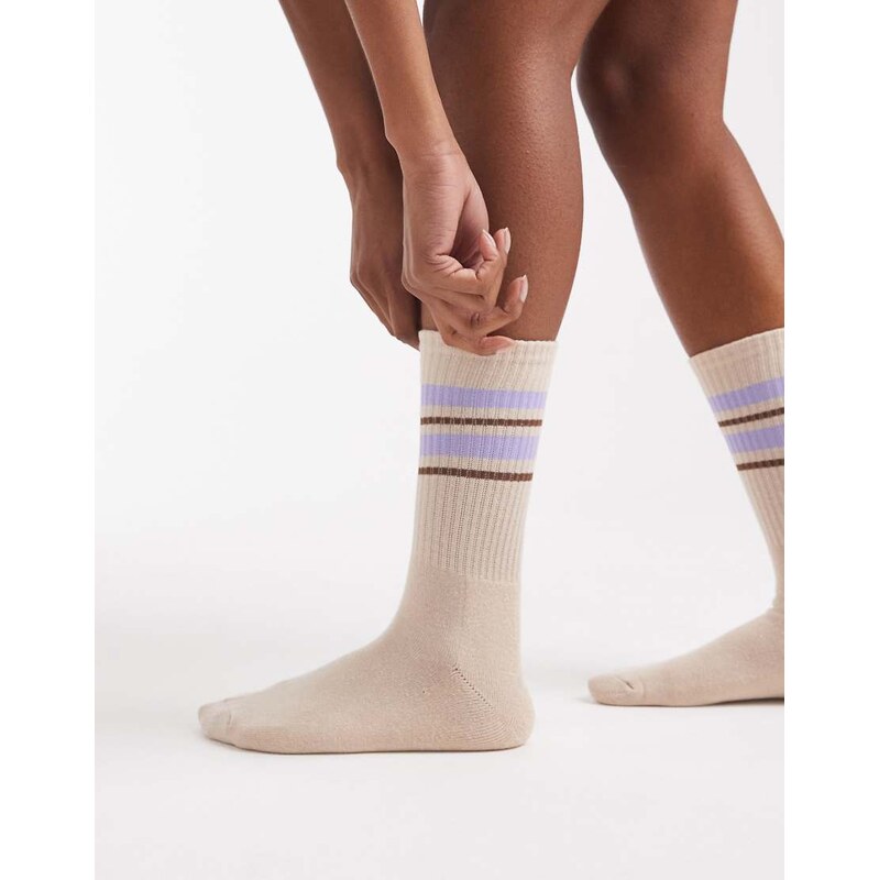 Vero Moda ribbed sports socks in oatmeal with lavender and brown 115541516