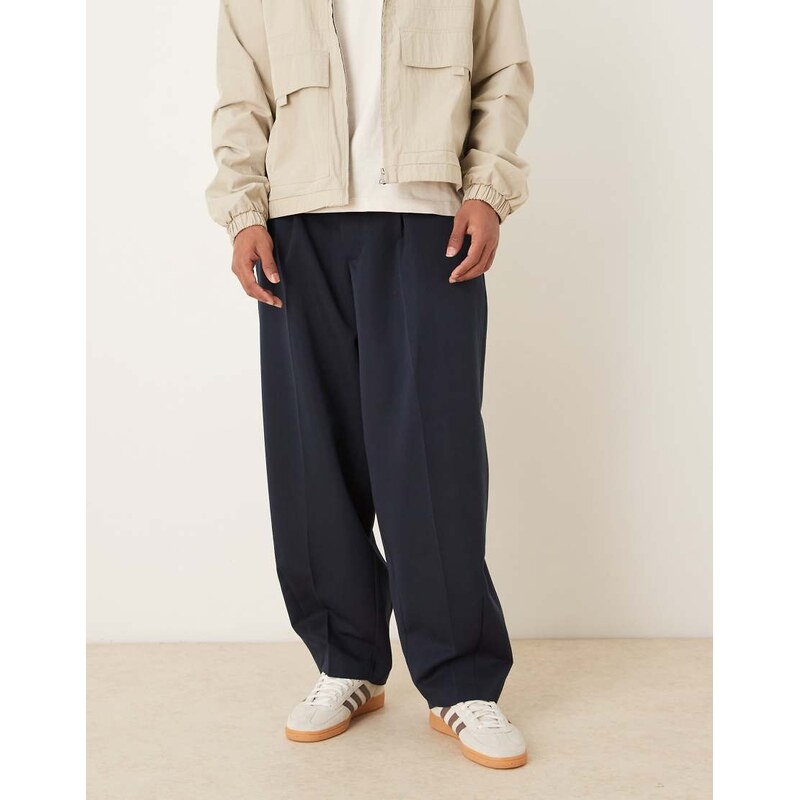 ASOS DESIGN smart pleated wide barrel leg trousers in navy
