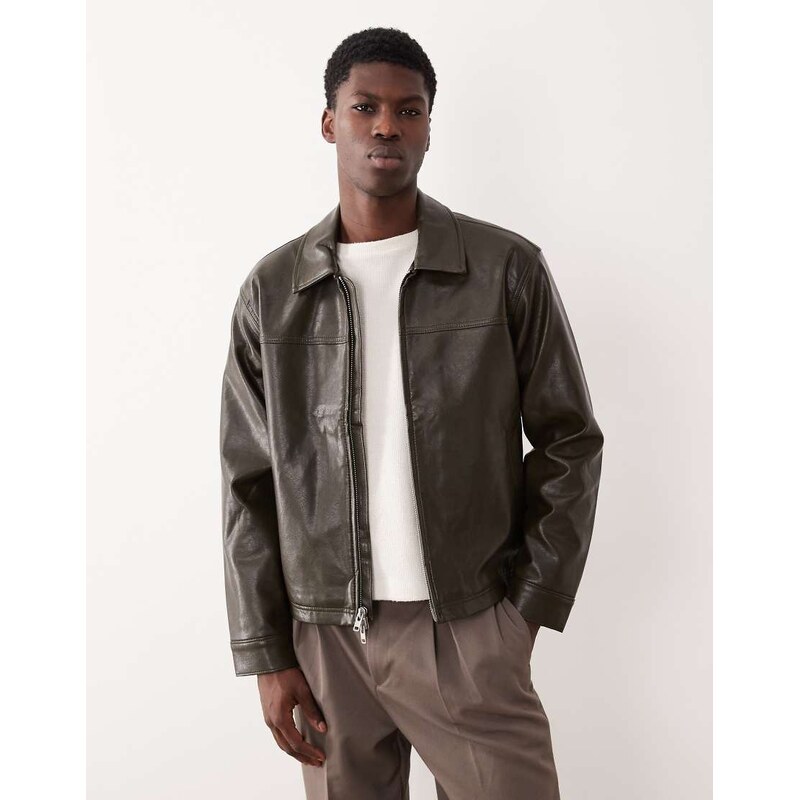 Abercrombie & Fitch cropped vegan leather zip jacket in dark green 109833447