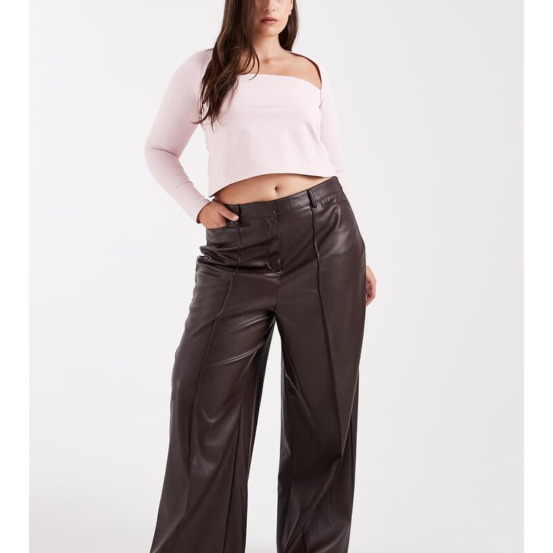 New Look Plus New Look Curve faux leather wide leg trousers in brown 109833477