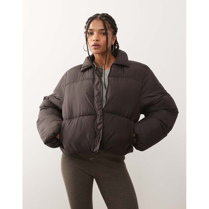 Monki puffer jacket with collar detail in chocolate brown