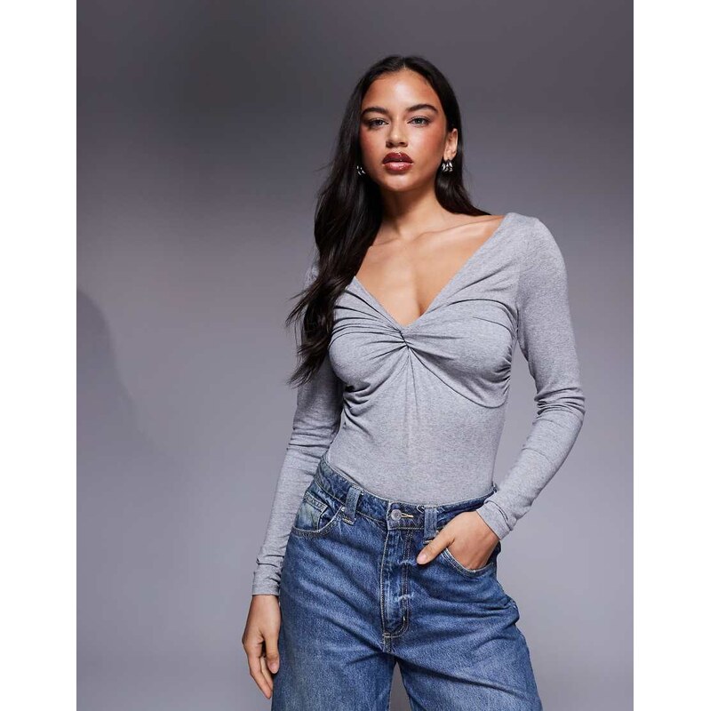 ASOS DESIGN long sleeve twist front bodysuit in grey marl