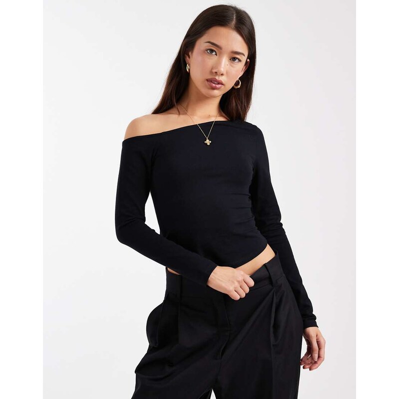 ASOS DESIGN cotton off shoulder long sleeve top in black
