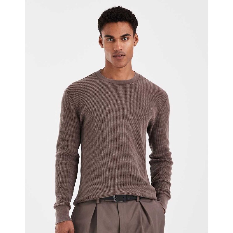 Hollister crew neck long sleeve thermal top in brown