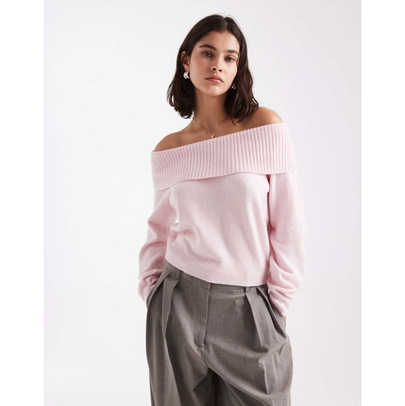 Hollister off shoulder knitted jumper in pink 109833531