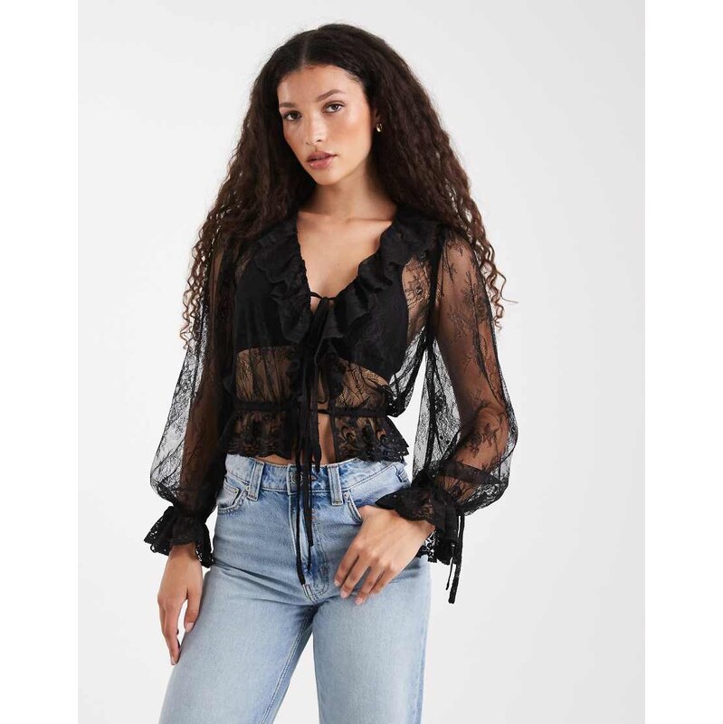 Miss Selfridge lace tie front ruffle blouse in black