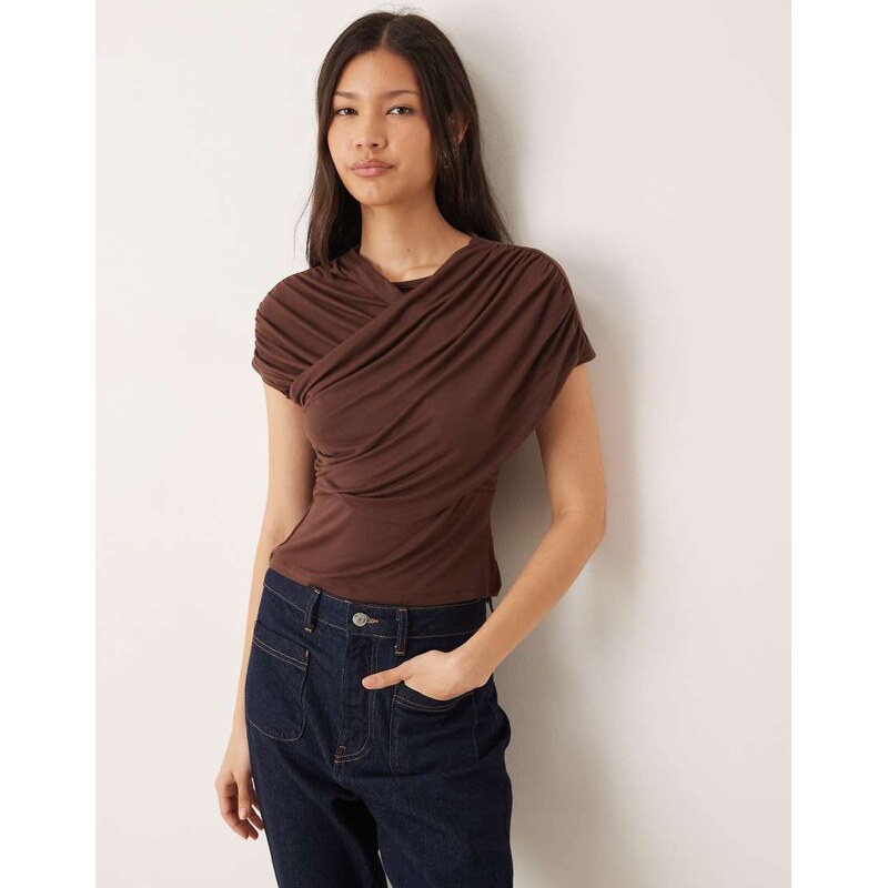 ASOS DESIGN drape wrap front short sleeve top in chocolate-Brown 115517016