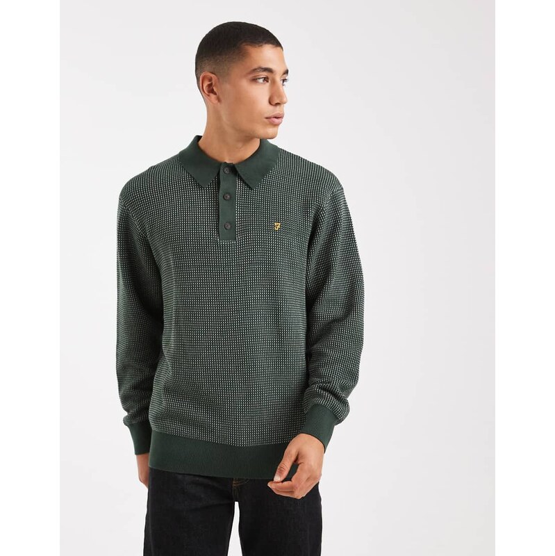Farah gateacre knitted long sleeve polo shirt in dark green