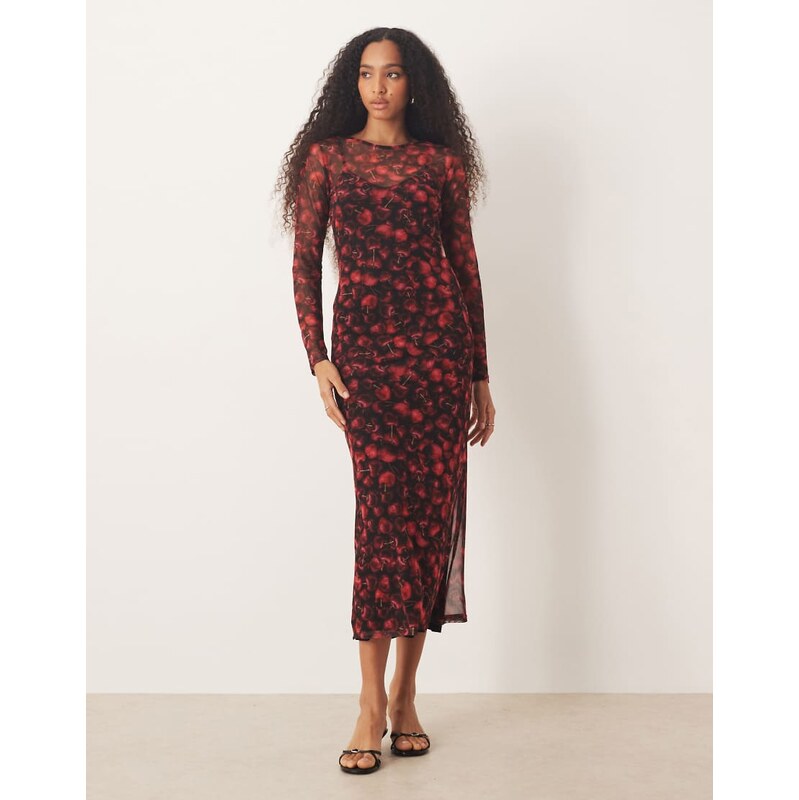 Never Fully Dressed mesh midi dress in red cherry print 110922959