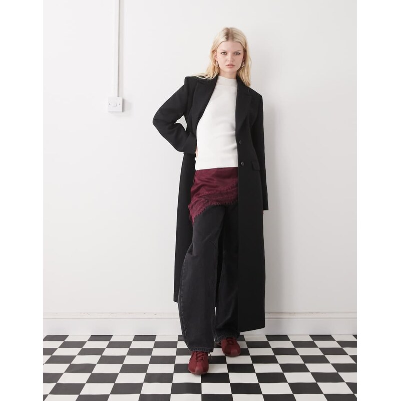 Monki maxi length coat with wool in black 111339574