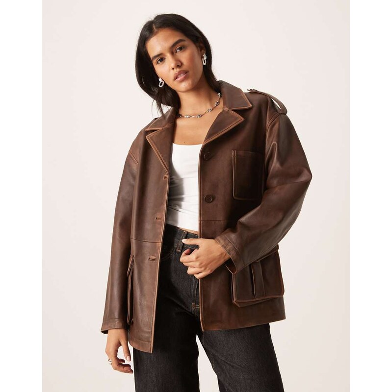 Urbancode longline distressed leather worker jacket in chocolate