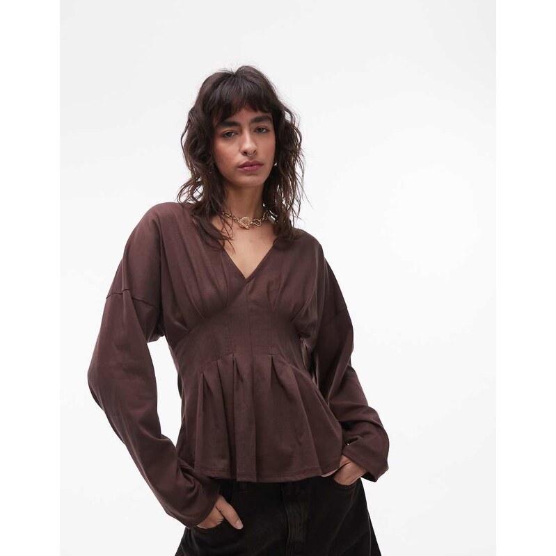 ASOS DESIGN v neck cinched peplum hem long sleeve top in