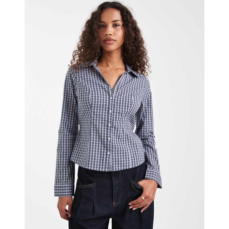 Hollister y2k long sleeve cinch waist shirt in blue gingham 109837776