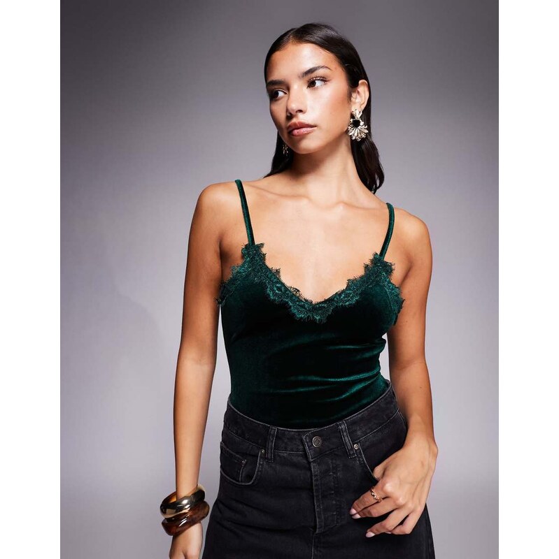 New Look lace trim velvet strappy bodysuit in green