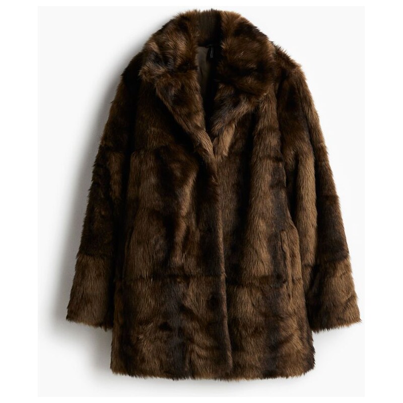 H&M - Huňatý kabát - Tmavě Béžová