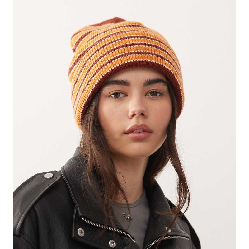 COLLUSION knitted beanie in brown multi stripe 109837486