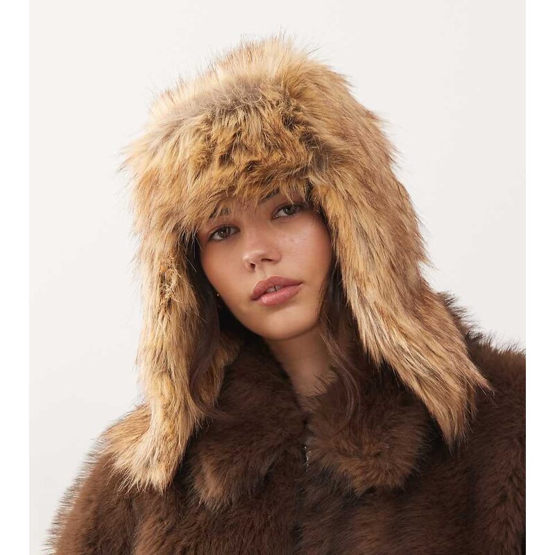 COLLUSION faux fur trapper hat in neutral brown