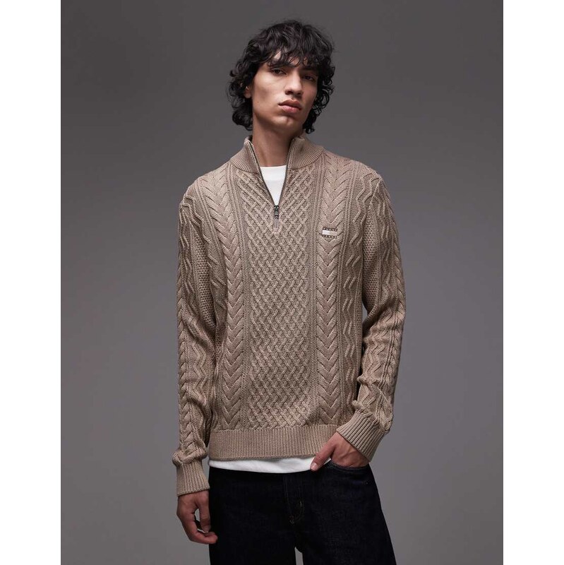 Tommy Jeans slim cable knit 1/4 zip jumper in taupe-Neutral