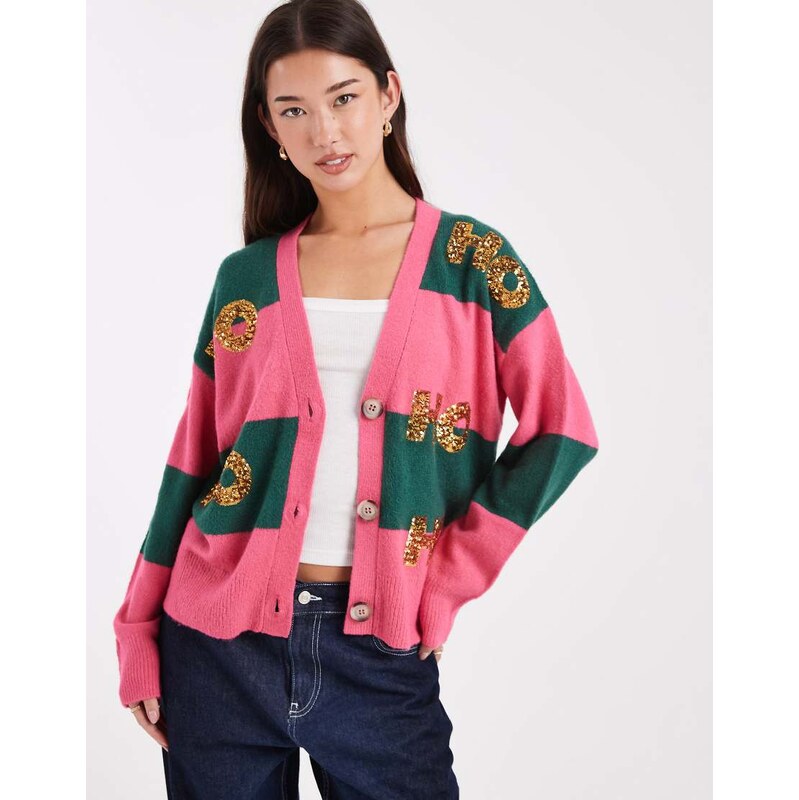 Brave Soul Christmas stripe cardigan with sequin detail in pink