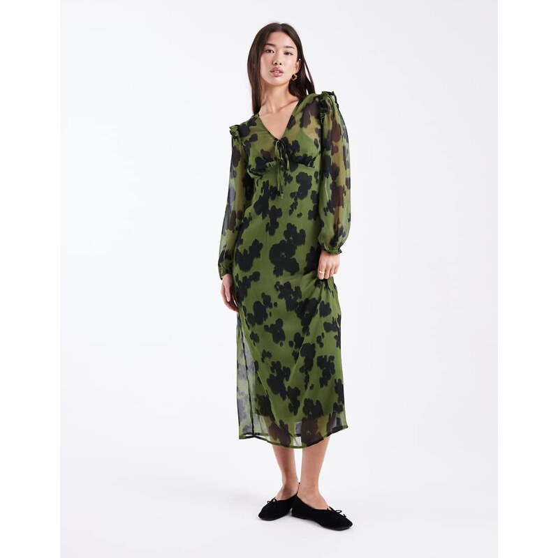 Wednesdays Girl bold bloom v-neck midaxi dress in khaki green 109837556
