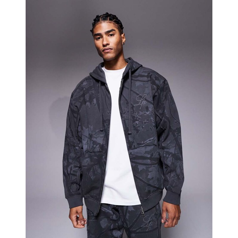 Liquor N Poker oversized camo print zip hoodie in multi