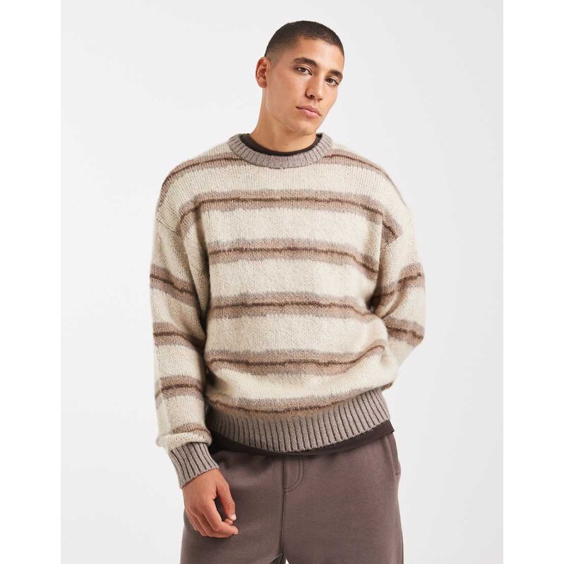 Cotton On box fit fuzzy crew knit in grey stripe