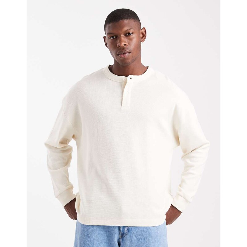 Jack & Jones oversized waffle long sleeve henley neck t-shirt in