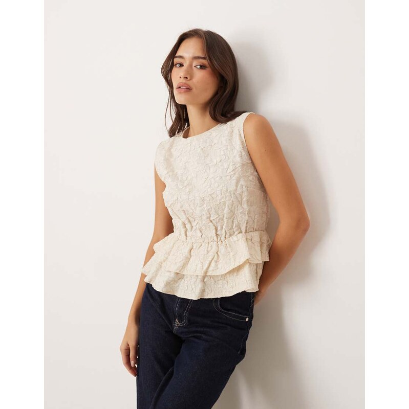 Vila sleeveless jacquard peplum top in birch cream-White