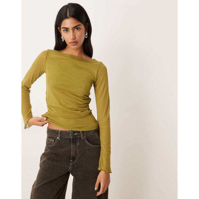 JJXX wide sleeve mesh top in moss green 115692052