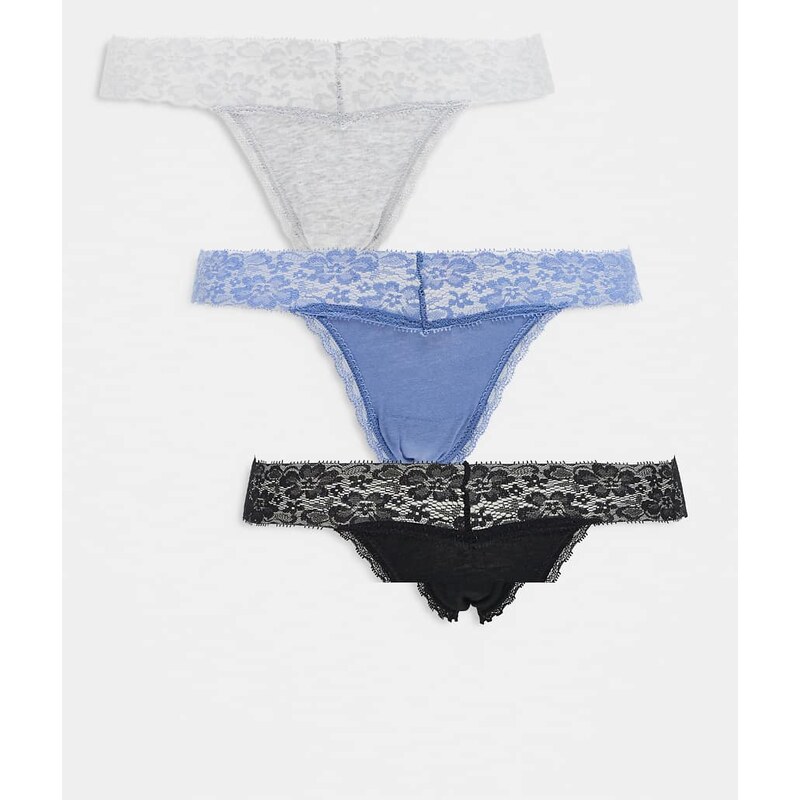 Cotton On 3 pack everyday lace comfy thong in black grey blue-Multi 109837635