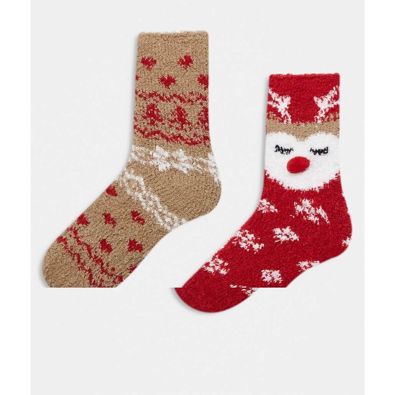 Pieces Christmas 2 pack fluffy reindeer socks in beige-Neutral 109837677