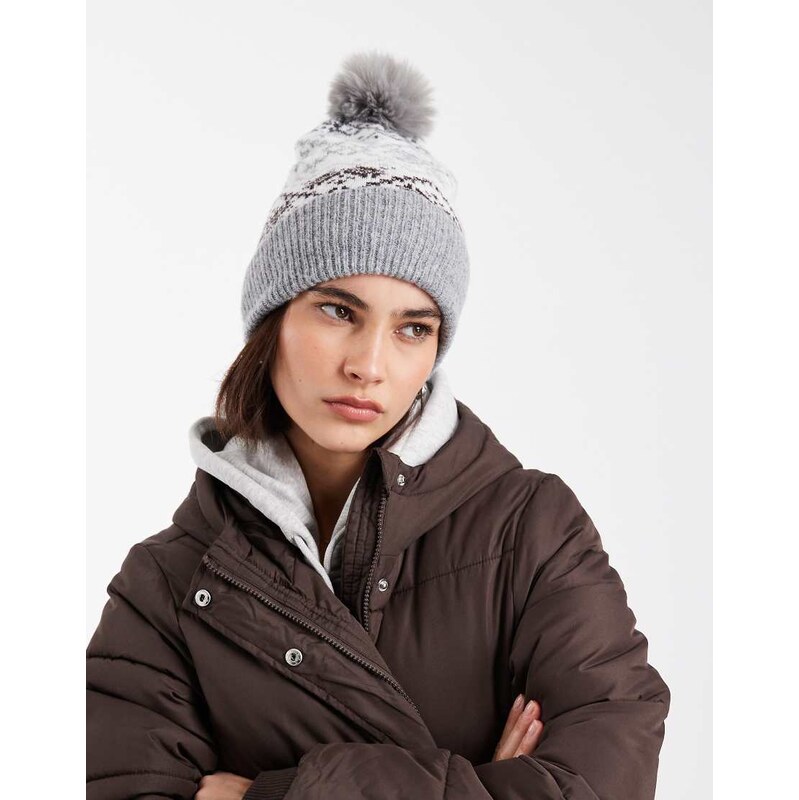 Pieces fairisle bobble hat in light grey 109837678