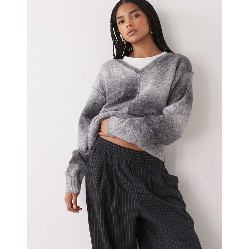 Weekday space dye V-neck sweater in grey melange 111053383