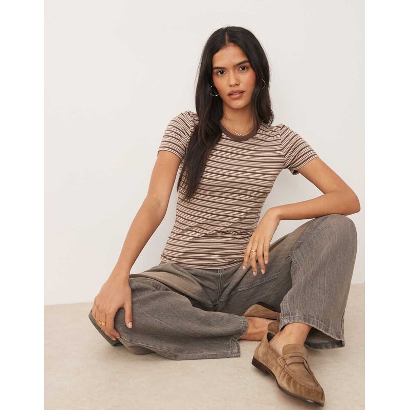 JJXX stripe fitted tee in brown 109848851