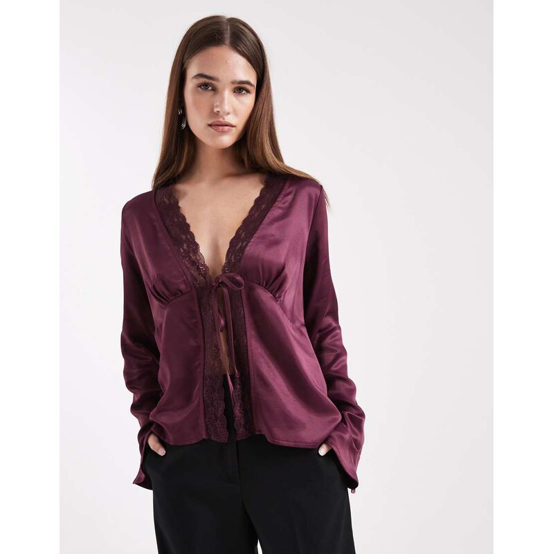 Miss Selfridge satin tie front blouse in fig-Purple 115518509