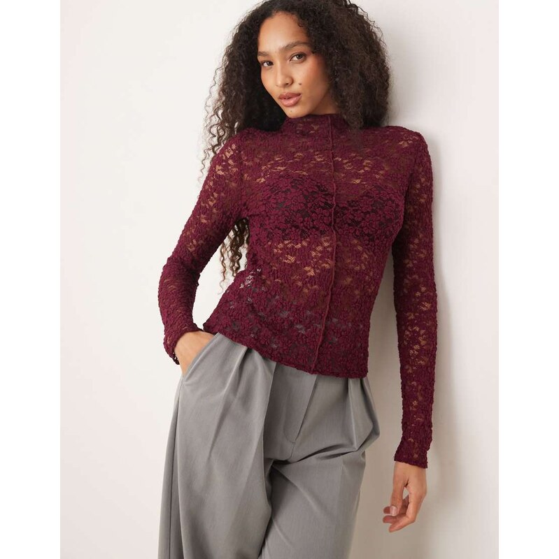 Mango high neck long sleeve lace top in burgundy-Red