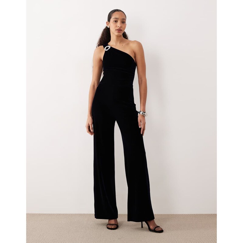 Mango velvet one shoulder jumpsuit with hardware detail in navy