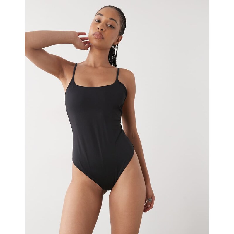 Monki scoop neck high leg swimsuit in black