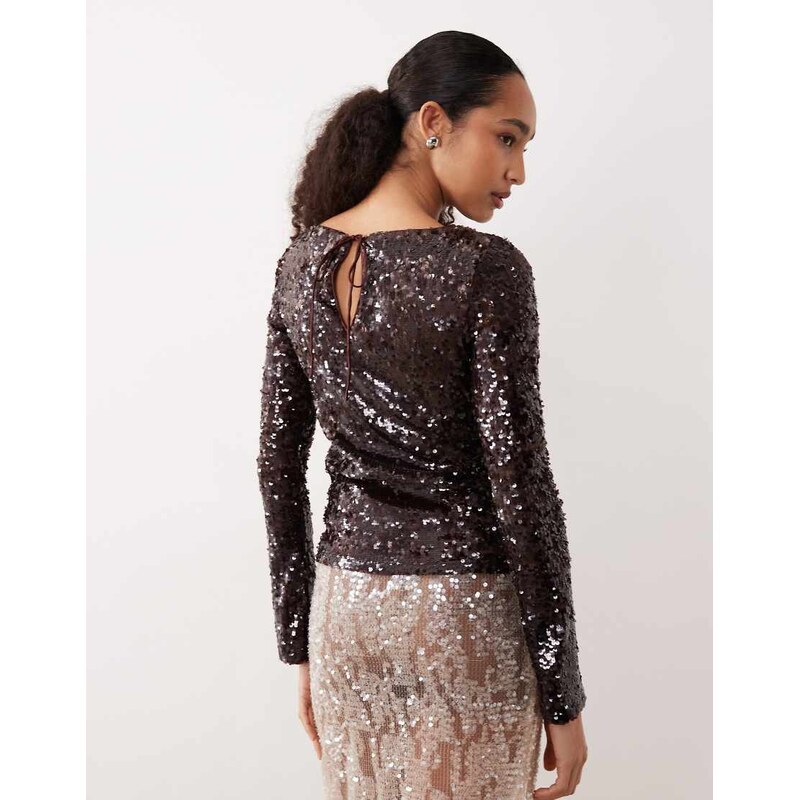 Mango sequin long sleeve top in brown 115740663