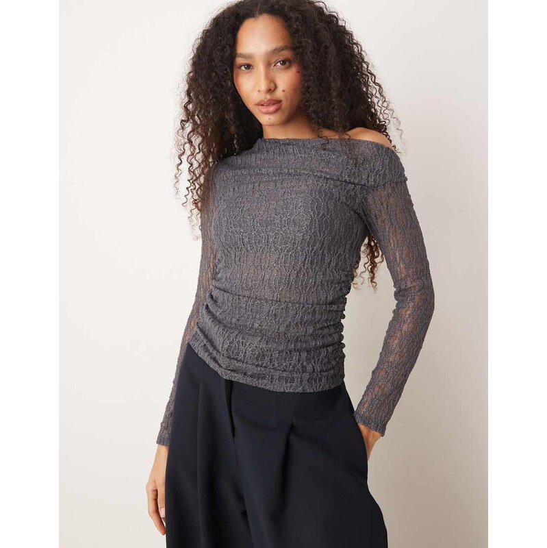 Mango asymmetric long sleeve lace top in grey