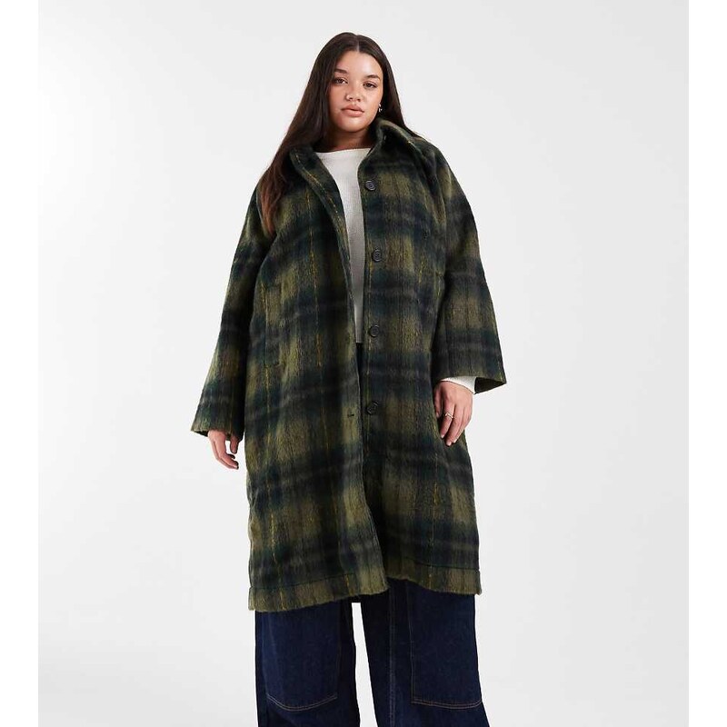Noisy May Curve brushed wool look maxi overcoat in dark green