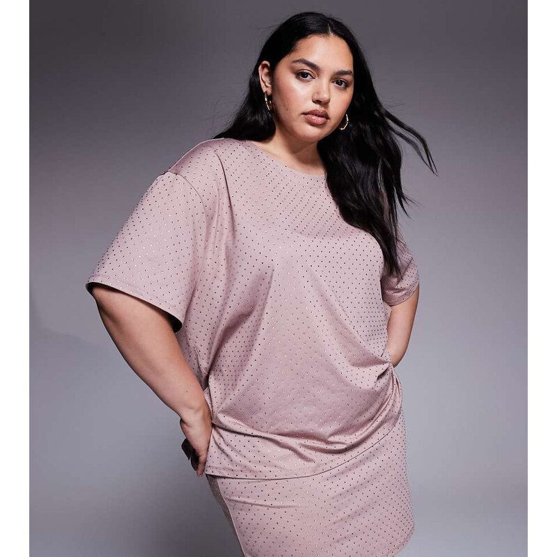 Renee Studio hotfix oversized t-shirt co-ord in pink 109849085