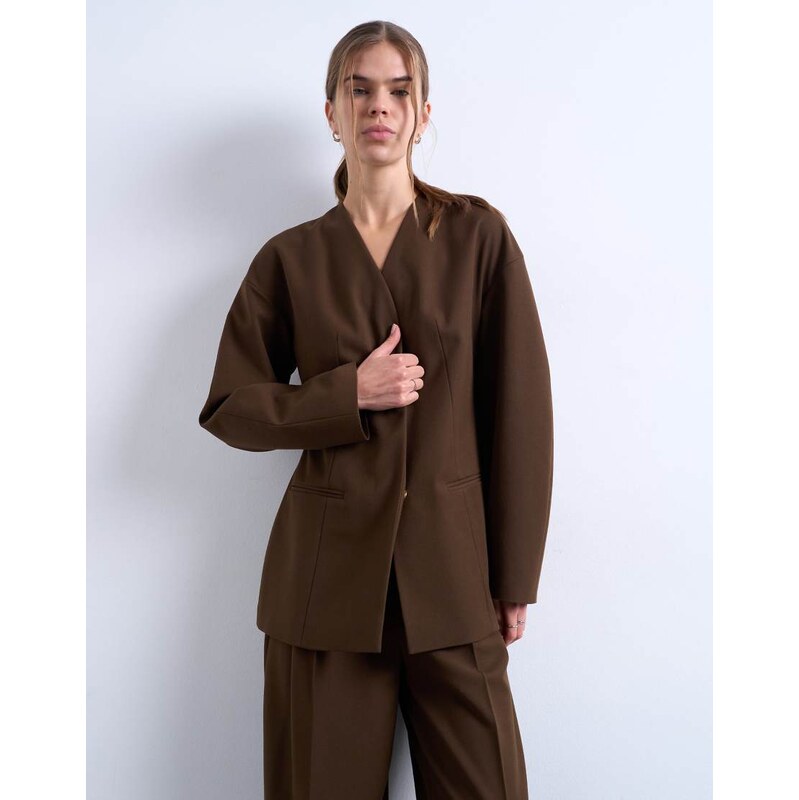 Topshop ovoid collarless suit blazer in chocolate-Multi 111074315