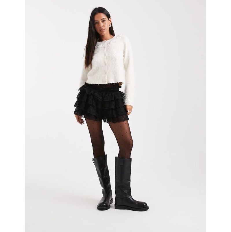 Miss Selfridge lace ruffle party shorts in black - BLACK 110442605