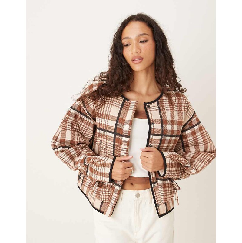 ASOS DESIGN quilted jacket with bow pocket detail in pink and neutral 110141132