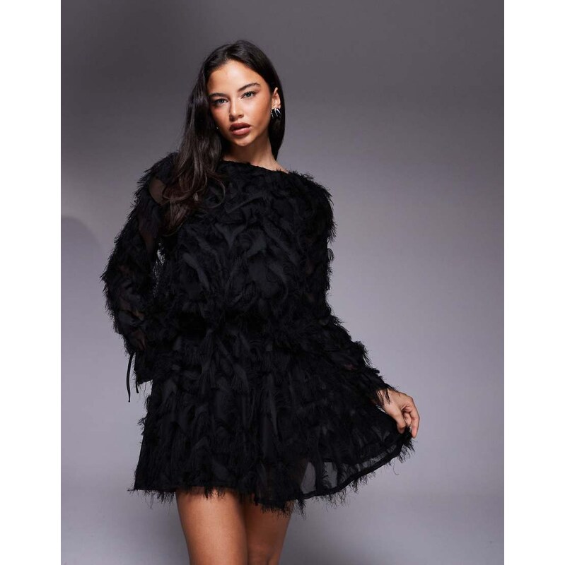 Jaded Rose faux feather bell sleeve mini dress in black
