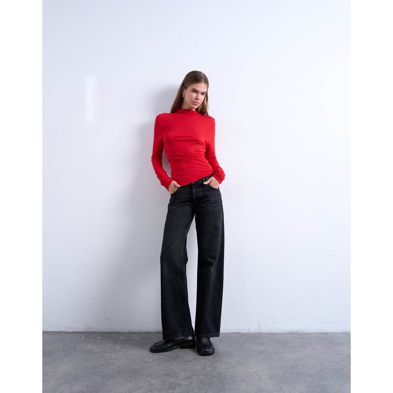 Topshop high neck viscose long sleeve top in red