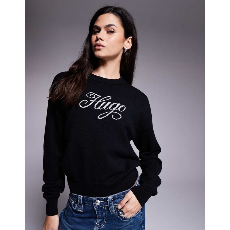 HUGO BLUE Slogix script logo knit jumper in black
