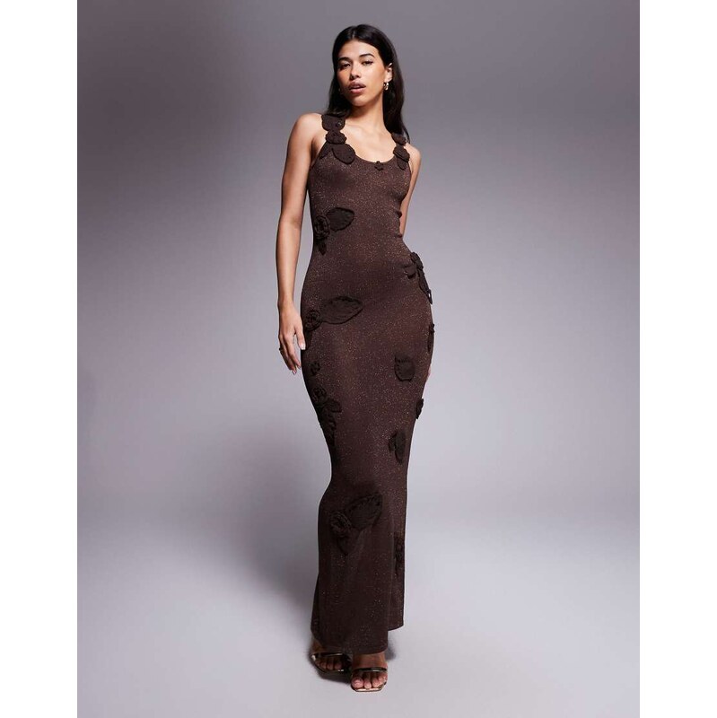 Wanderdoll Eden metallic knit floral leaf detail maxi dress in
